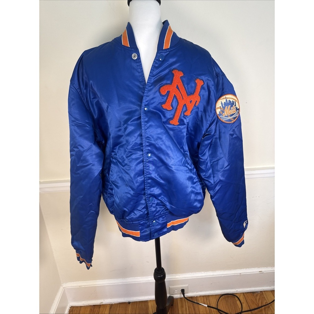 Rare MLB NY New York Mets Blue Starter Satin Bomber Jacket Mens L Vintage